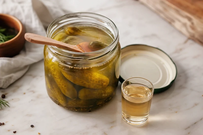 Petit verre de jus de cornichon prélevé d'un pot, dose pour soulager une crampe musculaire