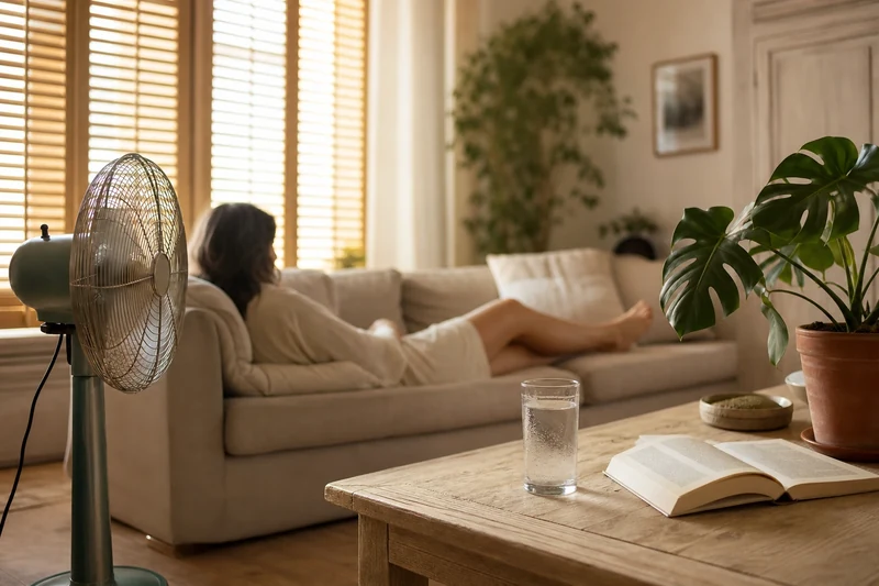 Salon français rafraîchi pendant la canicule : volets mi-clos, ventilateur, verre d'eau et repos