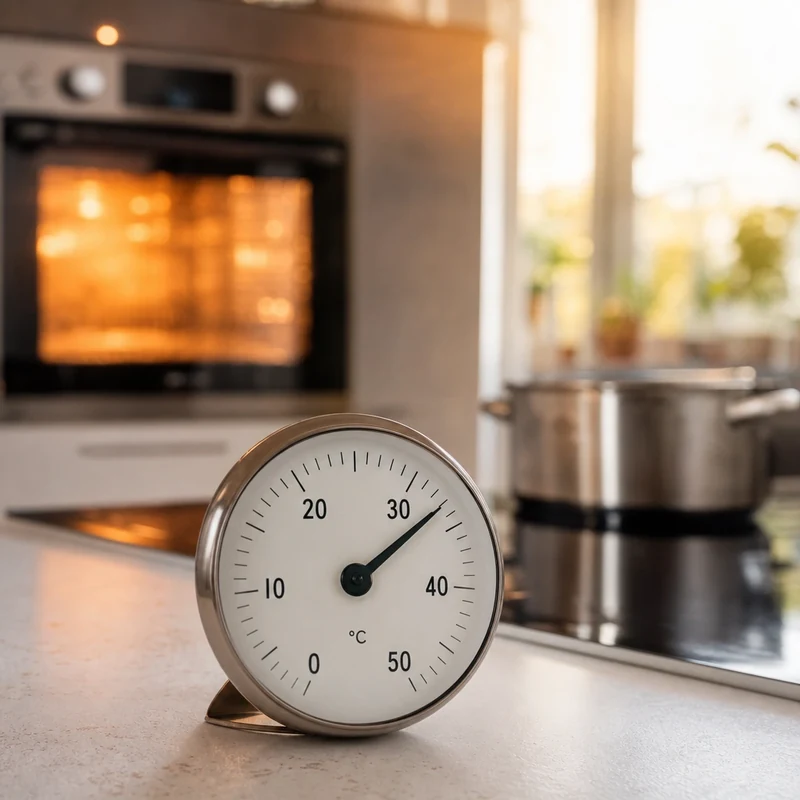 Thermomètre de cuisine indiquant environ 28 degrés près d'un four allumé