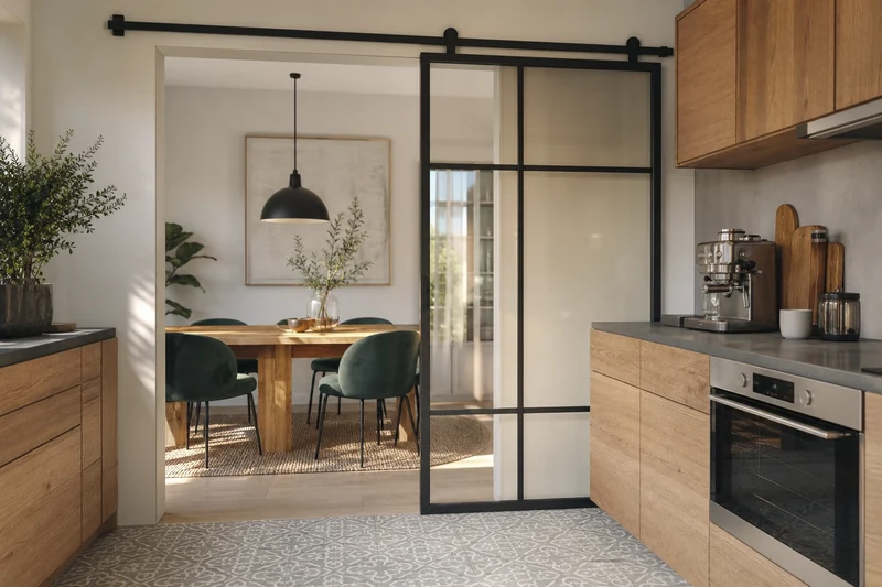 Porte coulissante vitrée séparant une cuisine en bois d'une salle à manger