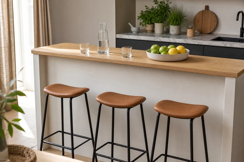 Demi-mur séparateur avec bar en bois clair et trois tabourets noirs