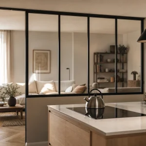 Cuisine semi-ouverte avec verrière d'atelier noire séparant un îlot en bois clair d'un salon contemporain