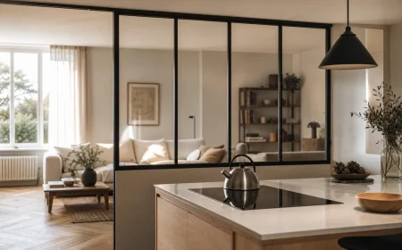 Cuisine semi-ouverte avec verrière d'atelier noire séparant un îlot en bois clair d'un salon contemporain