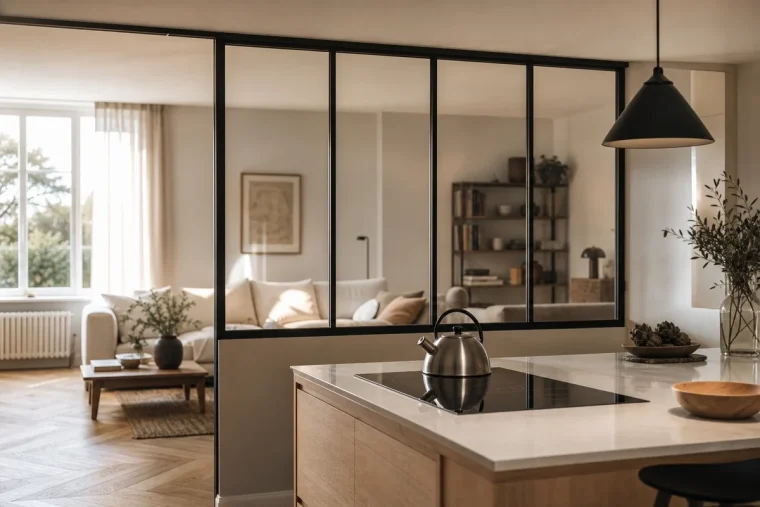 Cuisine semi-ouverte avec verrière d'atelier noire séparant un îlot en bois clair d'un salon contemporain