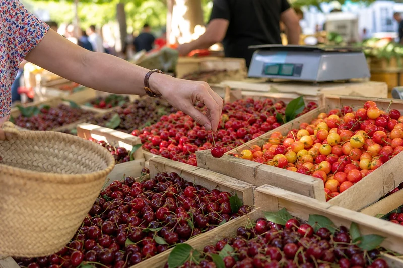 Étal de marché provençal présentant plusieurs variétés de cerises françaises en juin