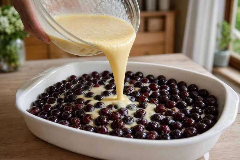Plat à gratin garni de cerises noires entières du Limousin avant versement de l'appareil à clafoutis