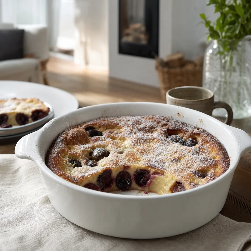 Clafoutis aux cerises du Limousin doré et saupoudré de sucre glace, une part servie