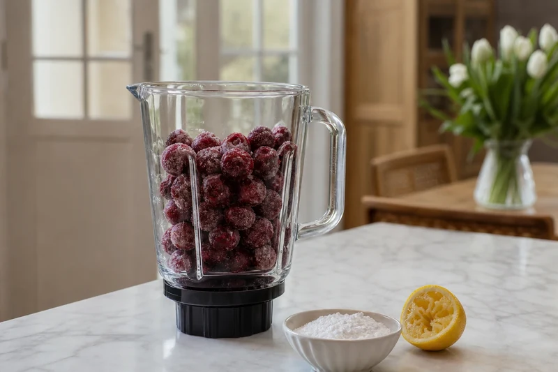 Cerises congelées et sucre glace prêts pour un sorbet express au blender