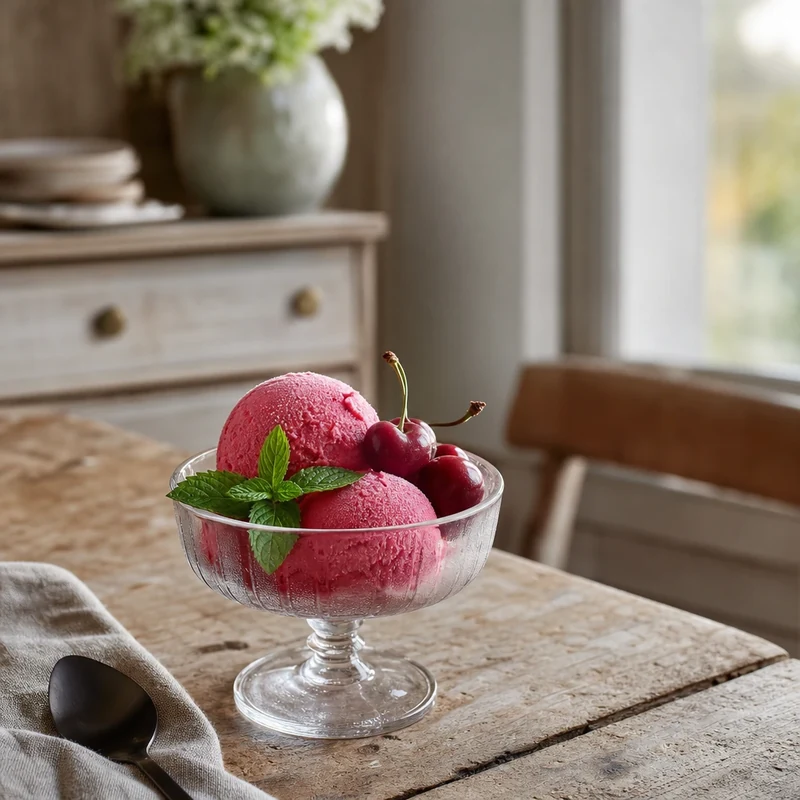 Sorbet express aux cerises maison en boules dans une coupelle en verre