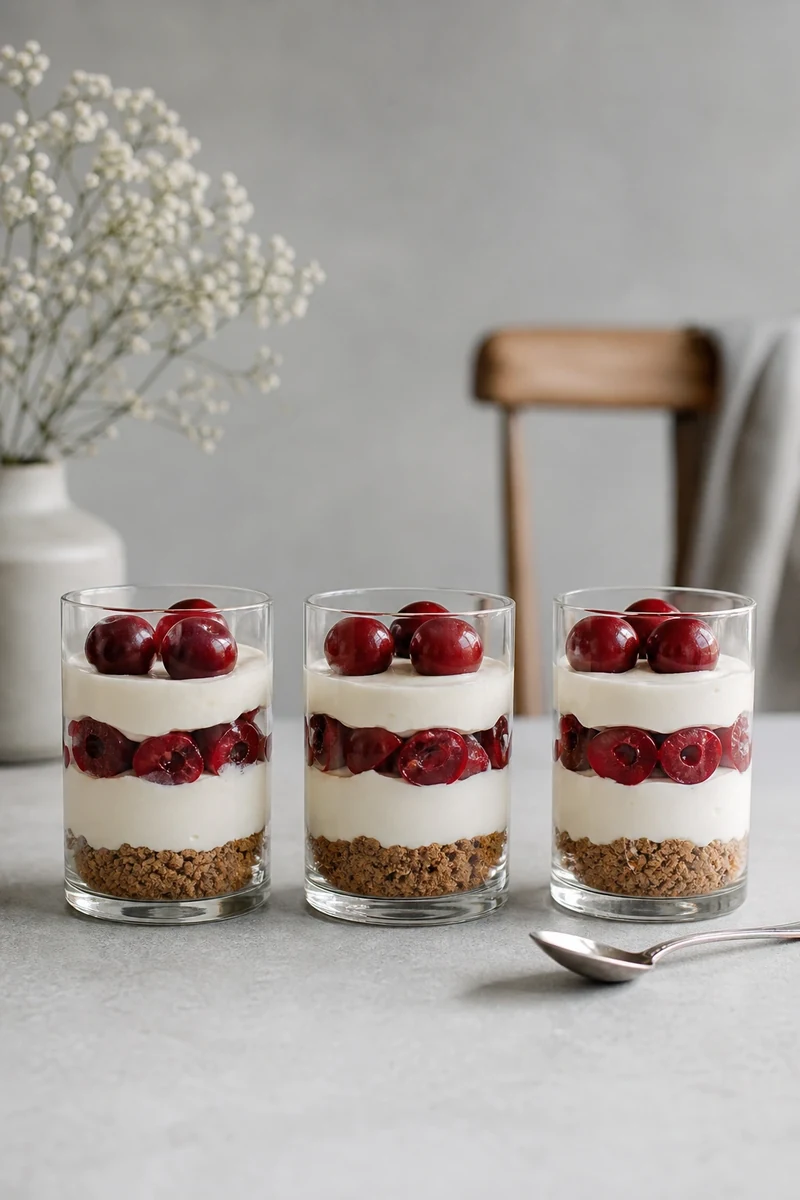 Verrines cerises-mascarpone montées en couches dans des verres transparents