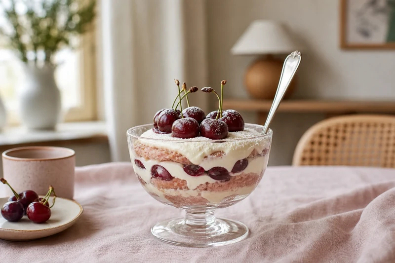 Tiramisu froid aux cerises et biscuits roses de Reims dans une coupe individuelle