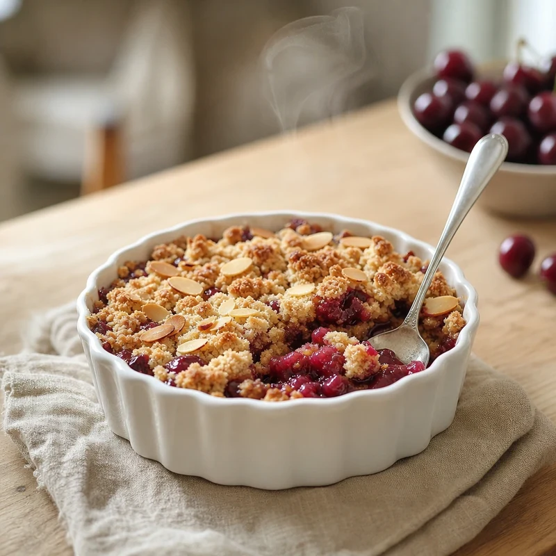 Crumble aux cerises et amandes effilées doré dans un ramequin en céramique