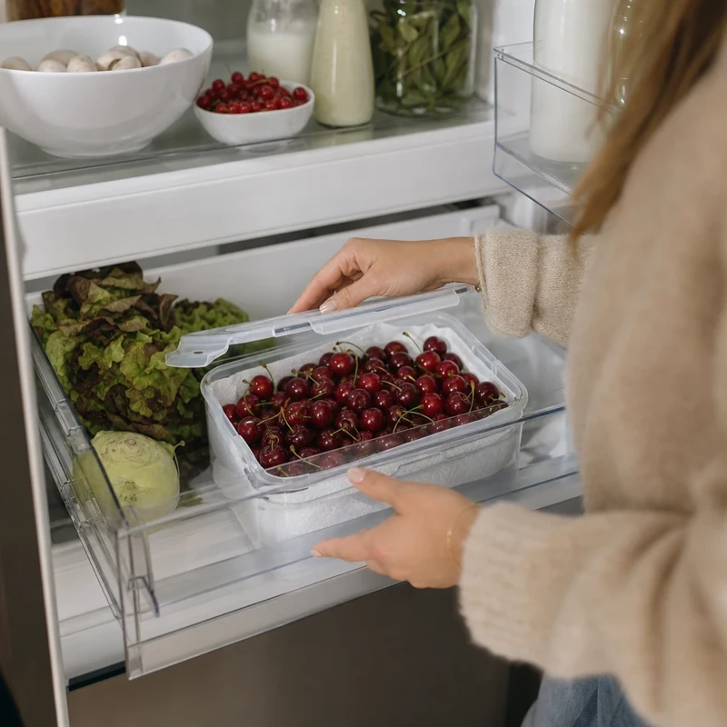 Cerises fraîches non lavées dans une boîte hermétique avec papier absorbant au réfrigérateur