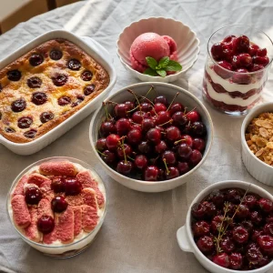Six desserts aux cerises de saison disposés sur une table en bois : clafoutis, sorbet, verrine, crumble, tiramisu et cerises rôties