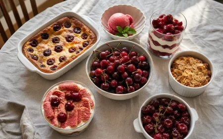 Six desserts aux cerises de saison disposés sur une table en bois : clafoutis, sorbet, verrine, crumble, tiramisu et cerises rôties