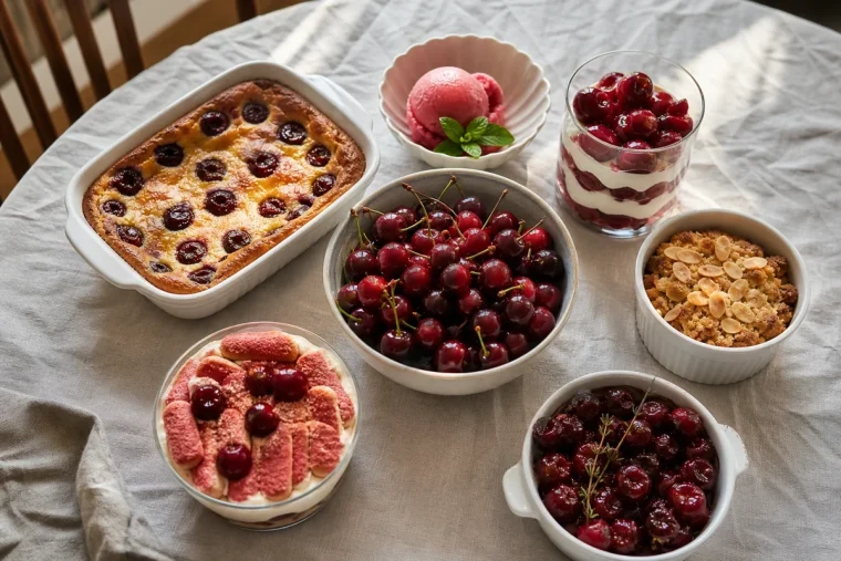 Six desserts aux cerises de saison disposés sur une table en bois : clafoutis, sorbet, verrine, crumble, tiramisu et cerises rôties
