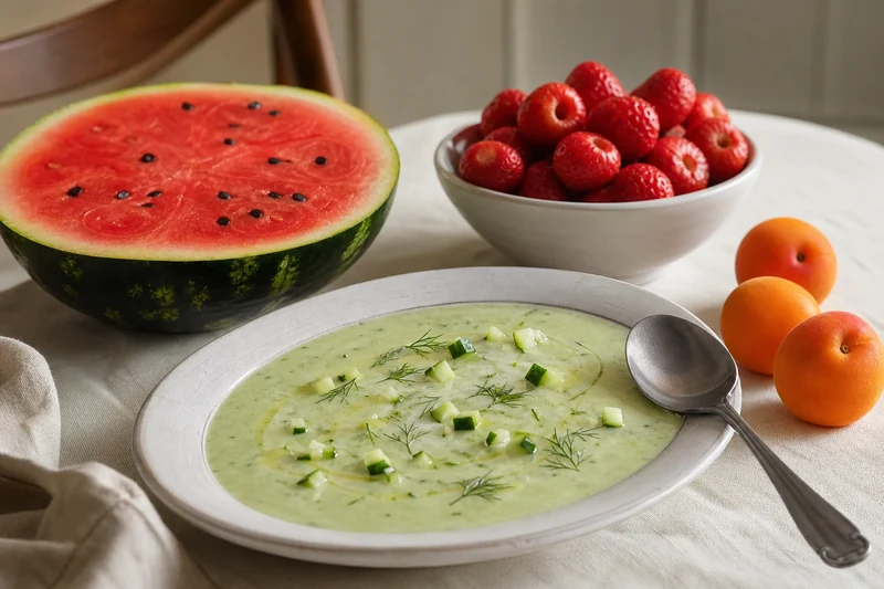 Soupe froide concombre-courgette, demi-pastèque rouge et bol de fraises fraîches, repas frais de canicule