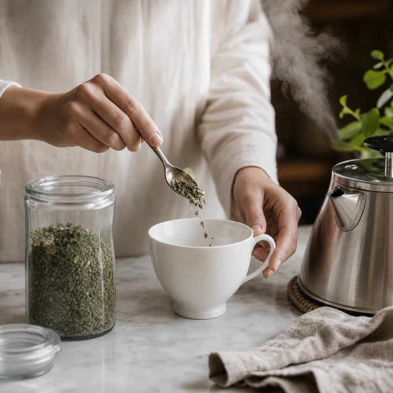 Préparation d'une infusion de menthe poivrée : cuillère de feuilles séchées versée dans une tasse blanche