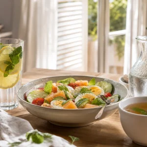 Repas léger d'été sur table en bois : salade au melon, concombre et œuf dur, verre d'eau citronnée et tasse d'infusion de menthe poivrée