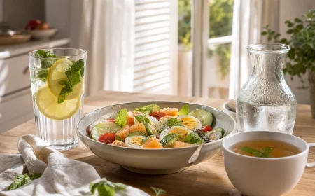 Repas léger d'été sur table en bois : salade au melon, concombre et œuf dur, verre d'eau citronnée et tasse d'infusion de menthe poivrée