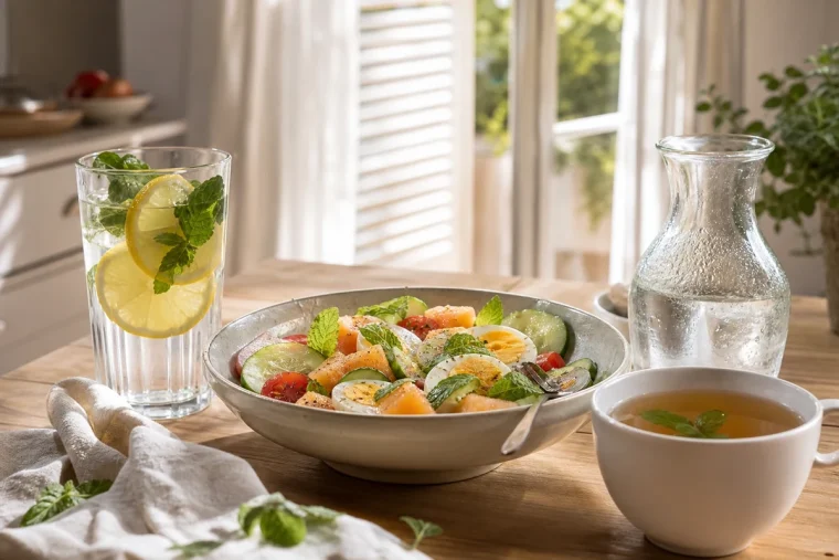 Repas léger d'été sur table en bois : salade au melon, concombre et œuf dur, verre d'eau citronnée et tasse d'infusion de menthe poivrée