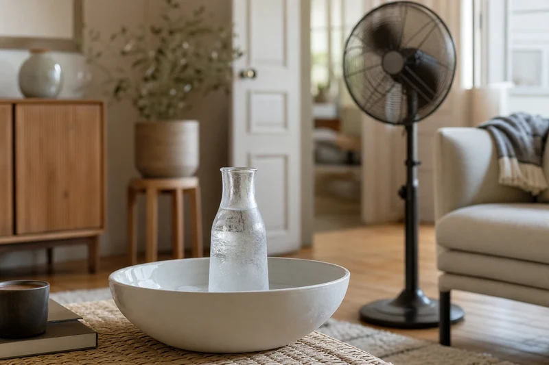 Bouteille d'eau congelée devant un ventilateur pour rafraîchir l'air diffusé