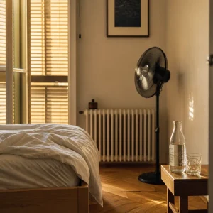 Chambre française avec volets fermés, draps coton et ventilateur orienté vers le mur pendant une nuit de canicule