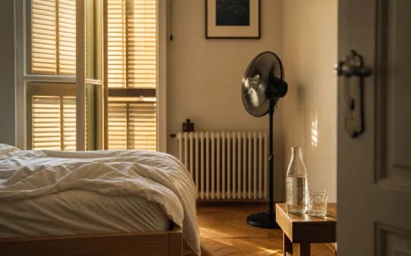 Chambre française avec volets fermés, draps coton et ventilateur orienté vers le mur pendant une nuit de canicule