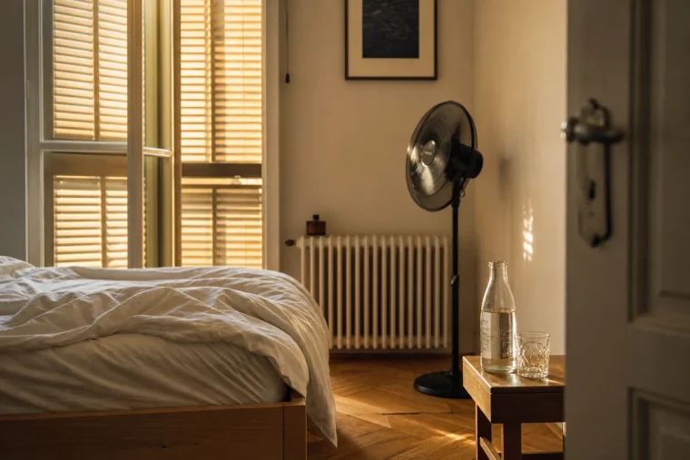 Chambre française avec volets fermés, draps coton et ventilateur orienté vers le mur pendant une nuit de canicule