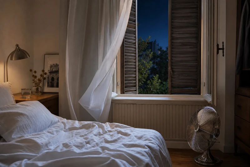 Chambre à coucher préparée pour une nuit de canicule avec drap léger, fenêtre ouverte et ventilateur
