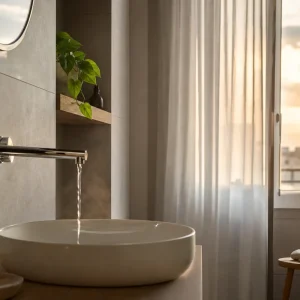 Mitigeur de douche réglé sur l'eau tiède dans une salle de bain française en fin de journée d'été