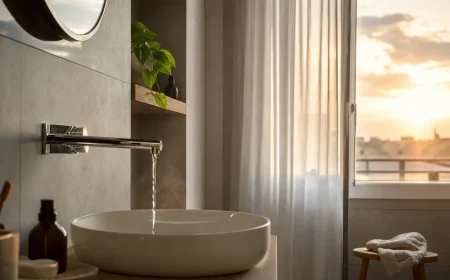 Mitigeur de douche réglé sur l'eau tiède dans une salle de bain française en fin de journée d'été
