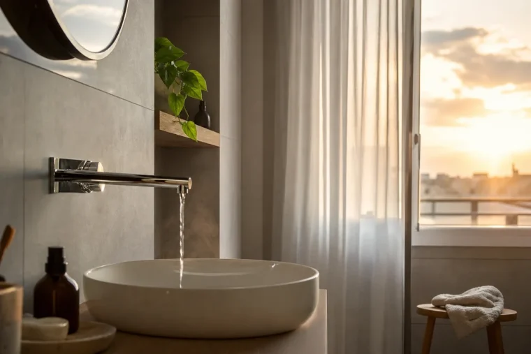 Mitigeur de douche réglé sur l'eau tiède dans une salle de bain française en fin de journée d'été