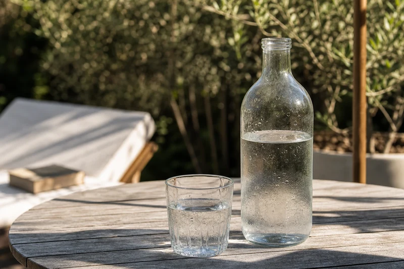 Bouteille en verre d'1,5 L et verre d'eau sur table de jardin estivale