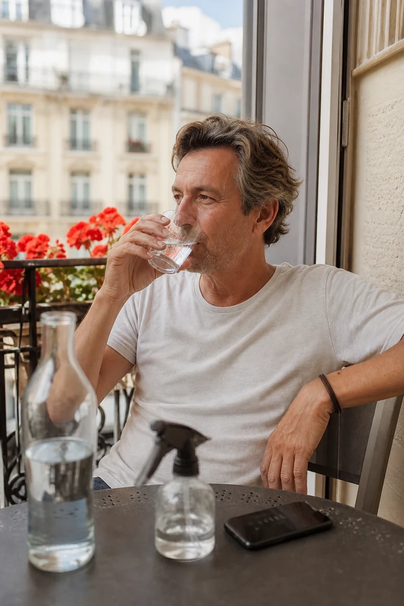 Homme buvant une gorgée d'eau à l'ombre sur un balcon pendant la canicule