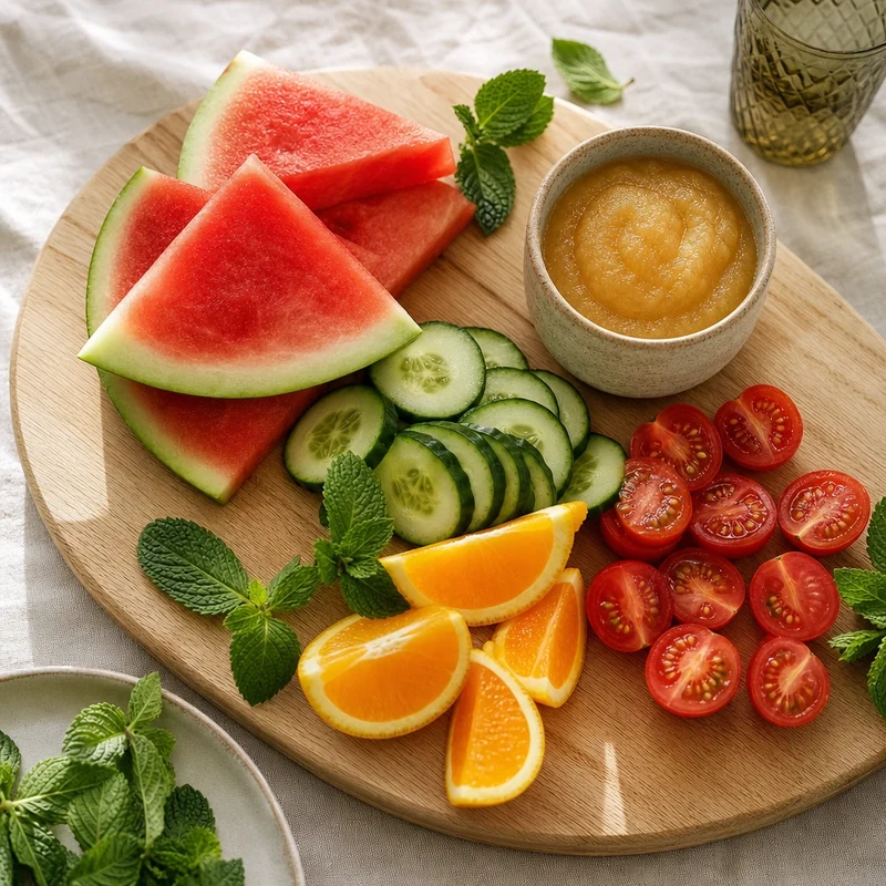 Aliments riches en eau pour s'hydrater pendant la canicule : pastèque, concombre, tomate, orange, menthe, compote