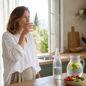 Femme buvant un verre d'eau plate dans une cuisine estivale claire avec carafe au citron et menthe