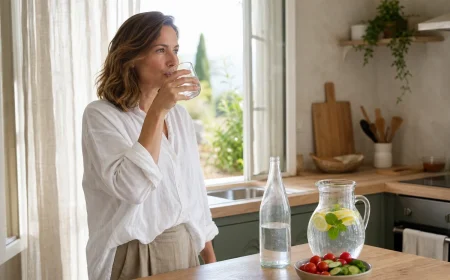 Femme buvant un verre d'eau plate dans une cuisine estivale claire avec carafe au citron et menthe