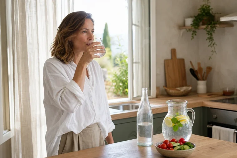 Femme buvant un verre d'eau plate dans une cuisine estivale claire avec carafe au citron et menthe