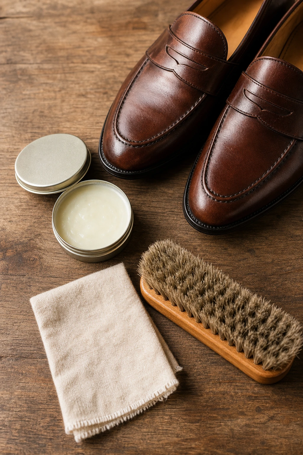 Produits d'entretien du cuir à côté d'une paire de mocassins marron