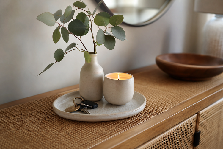 Plateau en céramique, bougie et eucalyptus sur un meuble en rotin