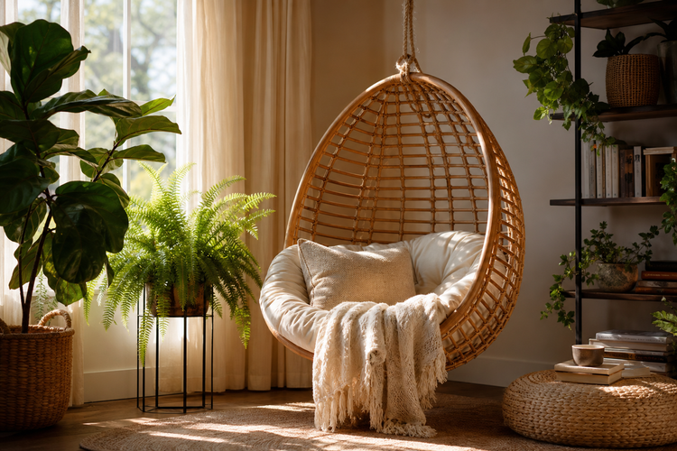 Fauteuil suspendu en rotin en forme d'œuf, coin lecture cosy