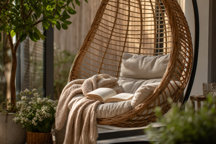 Fauteuil suspendu avec coussin et plaid, ambiance détente estivale