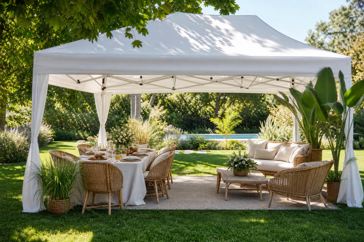 Gazebo pliant blanc aménagé en salon de jardin pour un brunch d'été