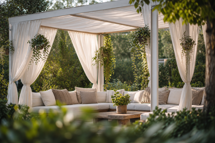 Gazebo avec rideaux et plantes suspendues, ambiance resort au jardin