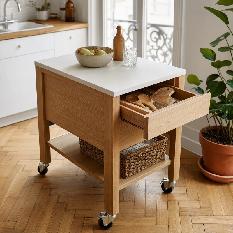 Îlot mobile sur roulettes compact dans une petite cuisine parisienne