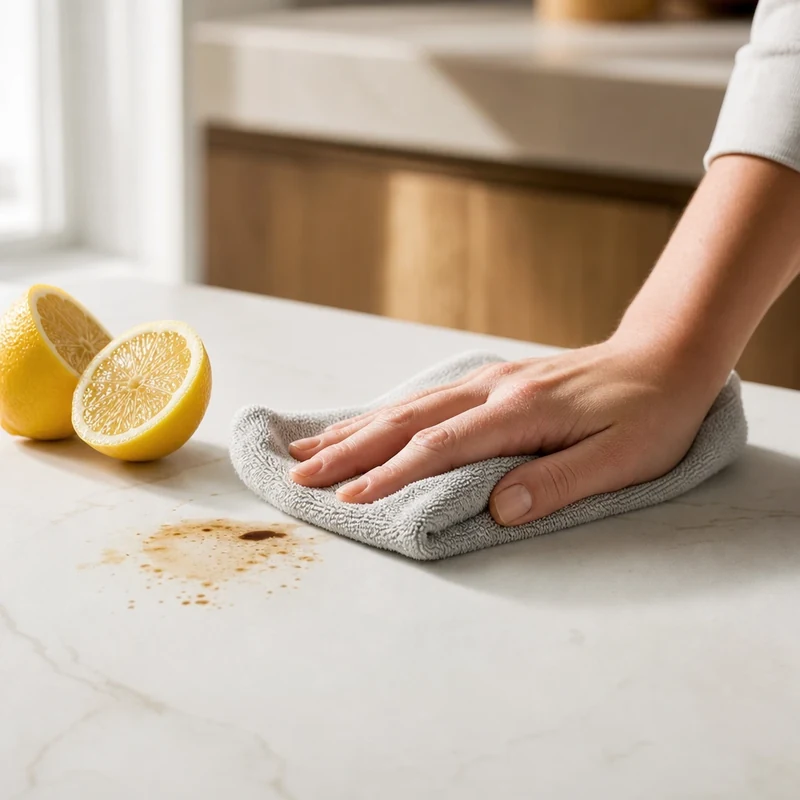 Entretien d'un plan de travail en céramique avec un simple chiffon humide