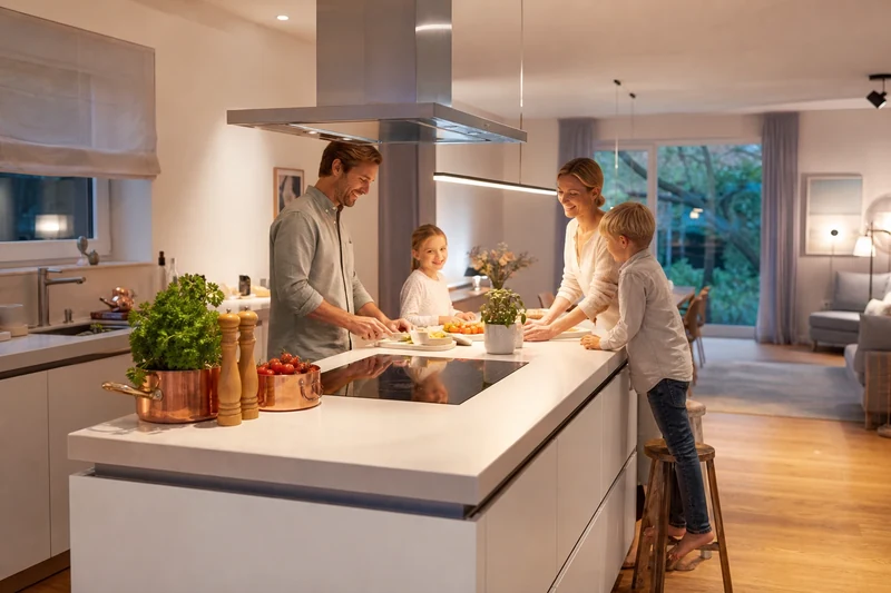 Îlot multifonction avec plaque induction intégrée et hotte plafond escamotable