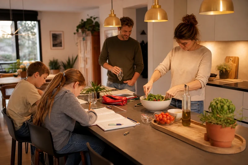 Famille française réunie autour d'un îlot central pour devoirs et préparation du repas