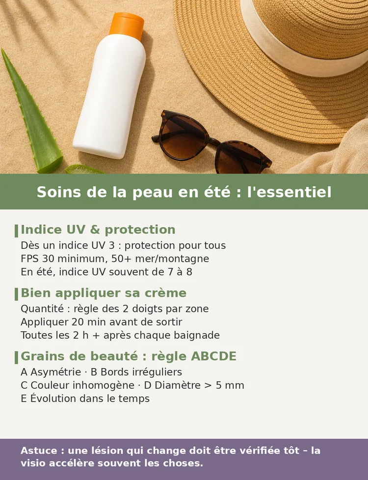 Infographie : soins de la peau en été – indice UV, application et règle ABCDE
